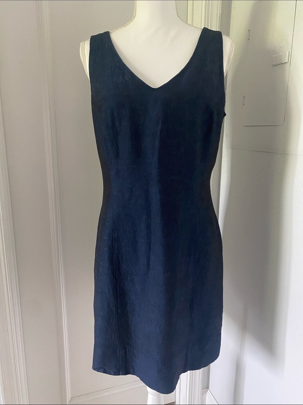 Linen Minimalist Classic Navy V-neck Sleeveless A-Line Dress